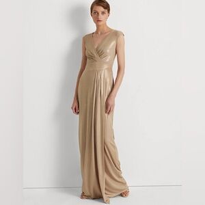 Ralph Lauren Gold Jersey Floor Length Surplice Column Gown  Cap Sleeves 10 Tall